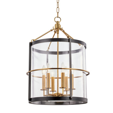 A contemporary style ceiling-mounted lantern with glass panels and gold-colored metal frame and accents.
